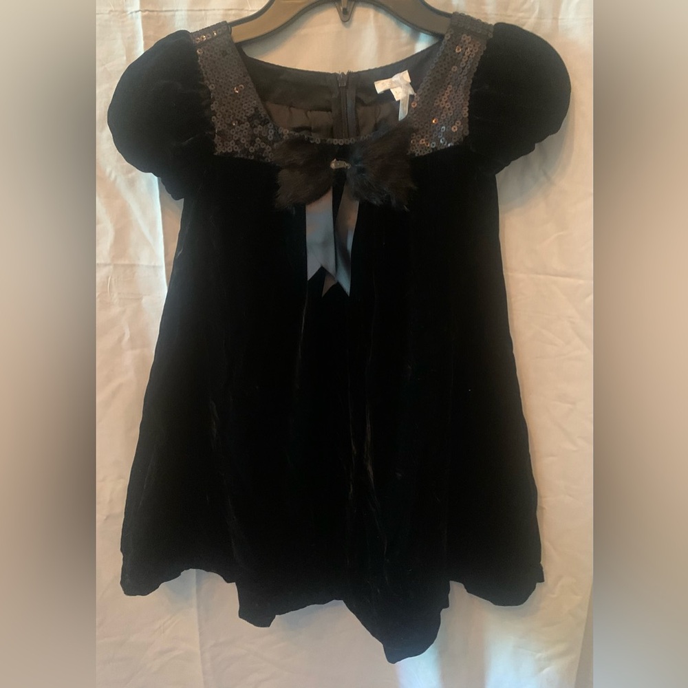 Italian Designer Black Velvet Kids Dress with Sequin and Feather Accents